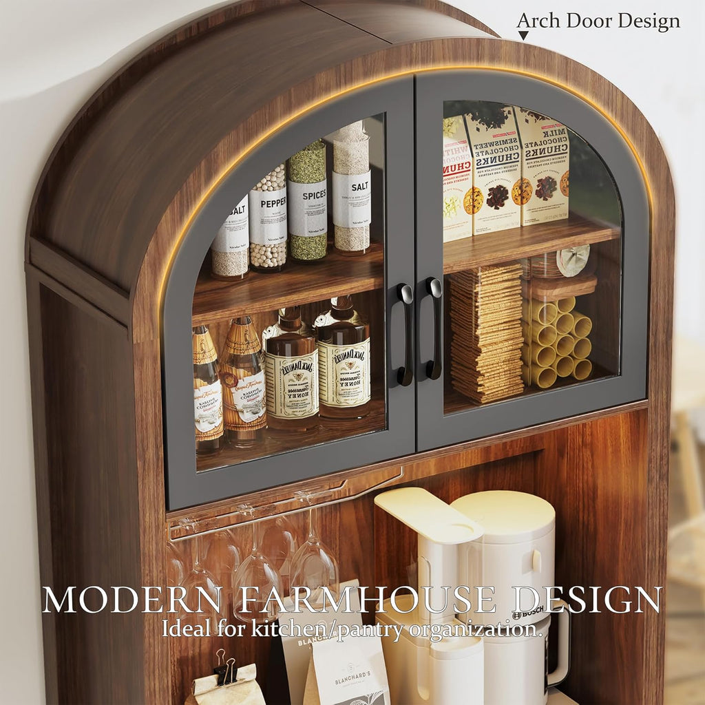 75" Tall Arched Pantry Cabinet with Charging Station & LED Light, Kitchen Pantry Cabinet with Microwave Stand, Drawers and Adjustable Shelf, Coffee Bar Liquor Cabinet for Dining Room
