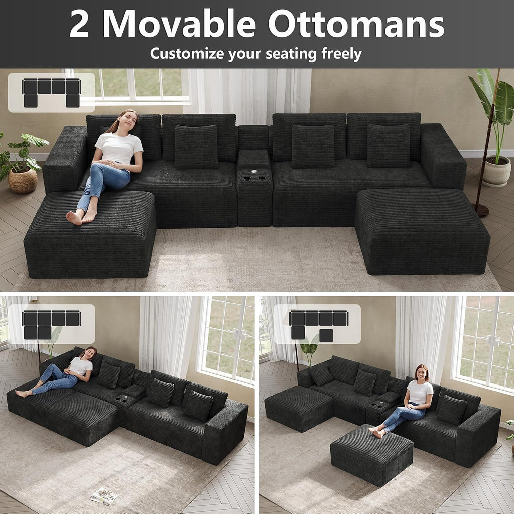 151" U Shaped Cloud Sectional Couch Modular Sofa, Comfy Oversized Couches for Living Room, Plush Corduroy Sectional Sofa Set with Ottoman Storage Console USB, Olive Dark Gray