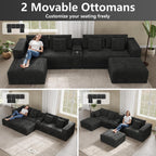 151" U Shaped Cloud Sectional Couch Modular Sofa, Comfy Oversized Couches for Living Room, Plush Corduroy Sectional Sofa Set with Ottoman Storage Console USB, Olive Dark Gray