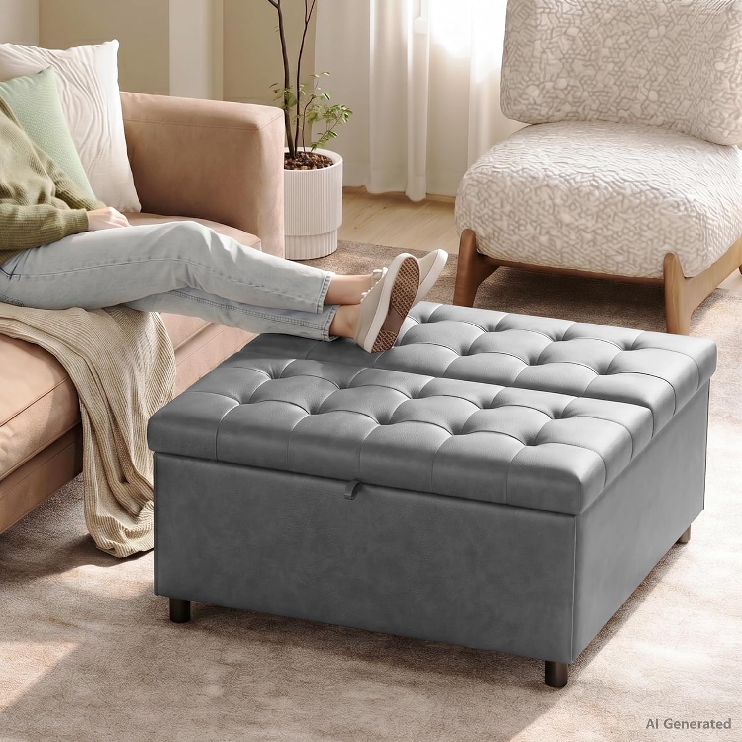 LINLUX Grey Leather 36 Inch Square Large Living Room Lift Top Ottoma | LINLUX Tufted Upholstered Shoe Storage Entry Bench, Bed Benches For Foot Rest, Lift Footrest For Dorm Bedroom Office