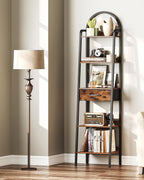 CHOEZON 5 Tier Ladder Shelf with Drawer, Tall Ladder Bookshelf, Standing Bookcase with Metal Frame for Living Room, Bathroom, Home Office, Study, Balcony, Rustic Brown and Black TCJ07BF