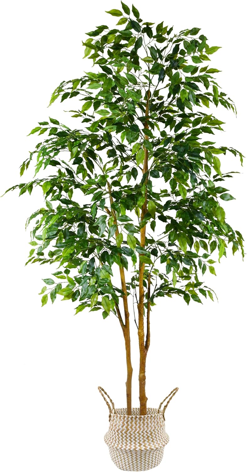 Artificial Ficus Tree, 7ft Silk Fake Ficus Leaves Plant with Basket, Indoor Outdoor Faux Green Tree for Home Garden Office House Livingroom Décor