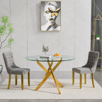 Glass Dining Room Table Set for 2, 47" Circle Glass Dining Table for 2 with Gold Metal Legs, Small Round Dining Table and Chairs Set of 2, 3 Piece Kitchen Table Set for Breakfast Dinette, Light Gray