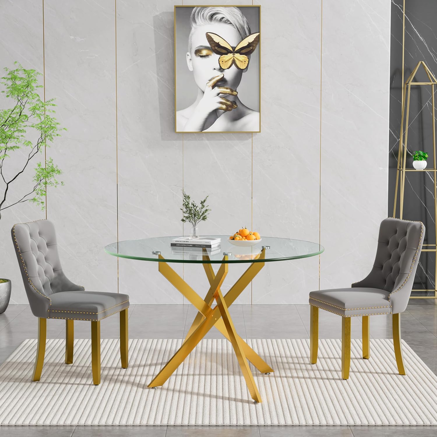 Glass Dining Room Table Set for 2, 47" Circle Glass Dining Table for 2 with Gold Metal Legs, Small Round Dining Table and Chairs Set of 2, 3 Piece Kitchen Table Set for Breakfast Dinette, Light Gray