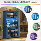 70.9” Farmhouse Kitchen Pantry Cabinet with LED Light & Power Outlets, Rustic Buffet Hutch with Wine Rack Glass Holder Drawer and Adjustable Shelves for Dining Room Coffee Bar Blue
