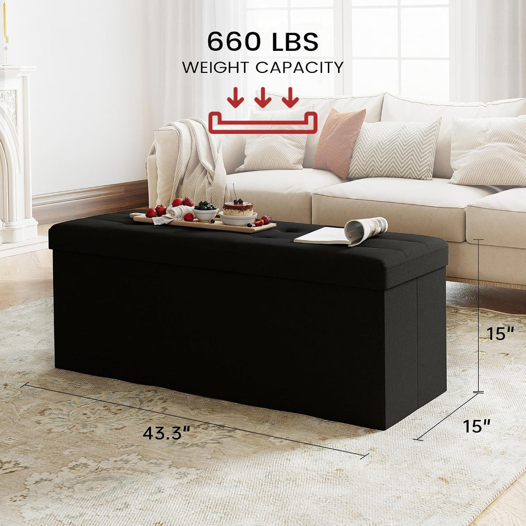 Ottoman with Storage,Black | Folding Storage Ottoman Bench for Living Room and Bedroom,Rectangle Foot Rest Stools Holds up to 660 lbs