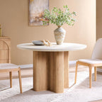 OKD Fluted Round Dining Table for 4, 47" Modern Kitchen Table with Thickened Edge & Sturdy Pedestal Base for Kitchen Living Room,Marble & Natural Oak(Table Only)