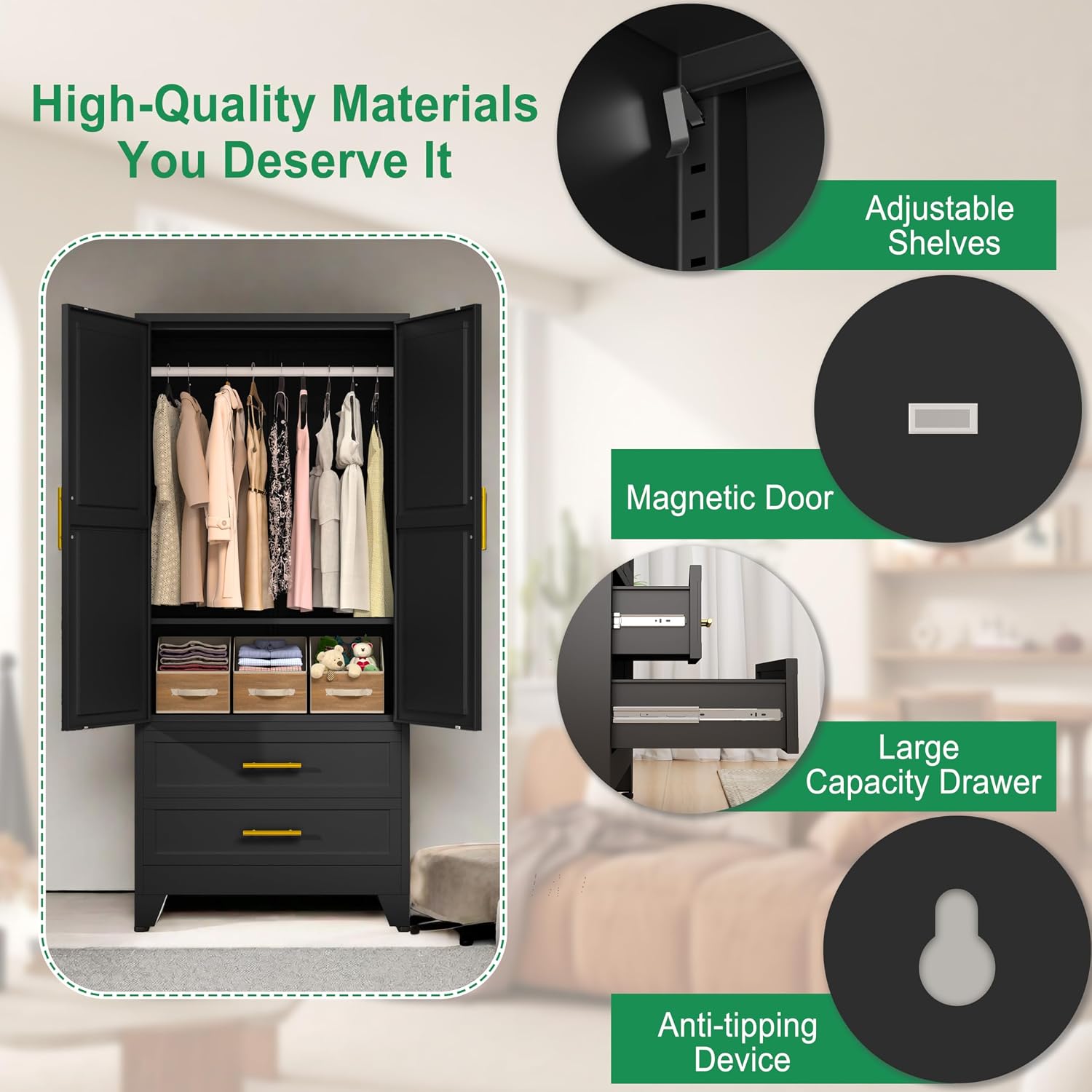 pozdeg 71" Metal Armoire Wardrobe Closet, Tall Clothing Storage Cabinet with Hanging Rods and 2 Drawers, Household Closet Organizers with Adjustable Shelves for Home Office or Gym (Armoire-Black)