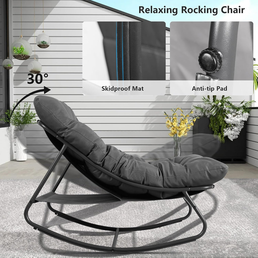 Outdoor & Indoor Oversized Rocking Chairs Set of 2 with Thick Cushions | Metal Frame, Papasan Style, Great for Living Room, Patio, Porch, Garden, Backyard