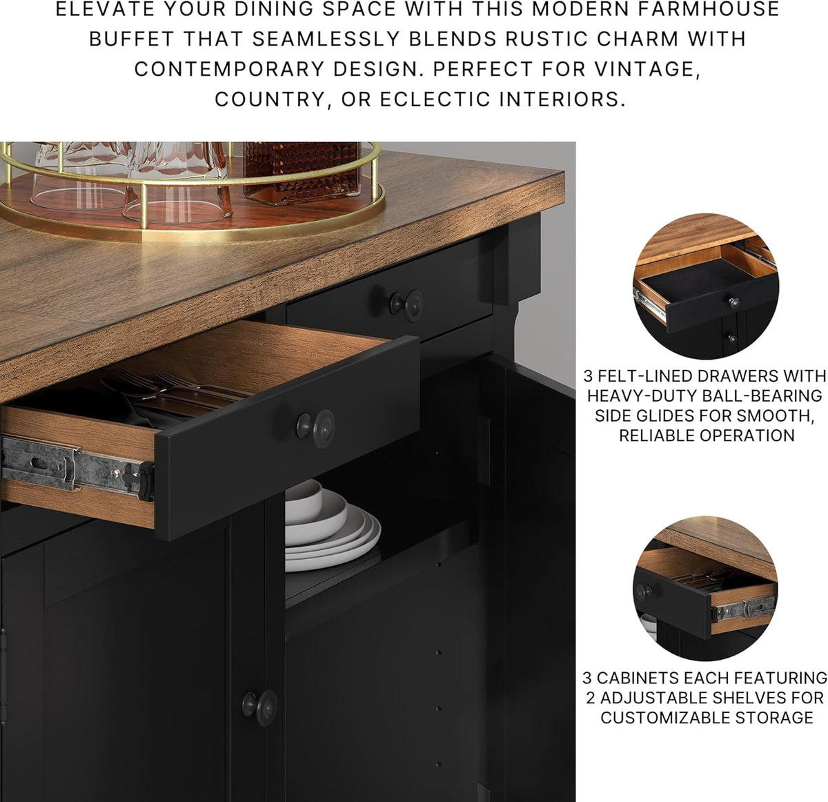 Signature Design by Ashley Wildenauer Buffet Cabinet, Modern Farmhouse Two-Tone Design, Hardwood Solids, Mango Wood Veneer and MDF Substrate, Sideboard Storage for Dining Rooms, Black & Brown, 59" W