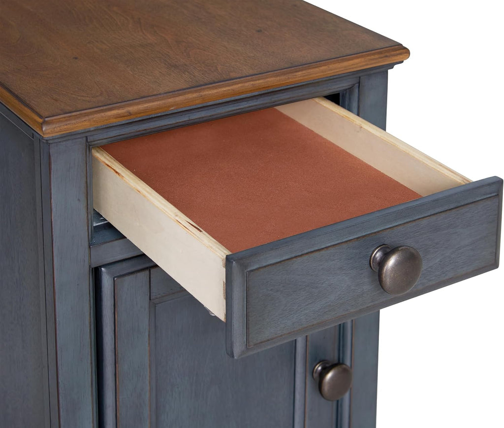 Bridgevine Home Americana 14” Chairside Table – Narrow Farmhouse End Table with Drawer & Cabinet Storage, Fully Assembled Accent Table, Corduroy Blue Finish, Antique Pewter Hardware