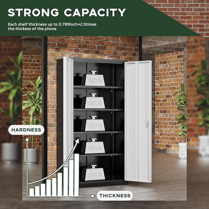 Greenvelly Metal Garage Storage Cabinet with Doors and Adjustable Shelves,72" Steel Lockable File Cabinet for Home Office,Garage,School(Black Grey,32" W x 16" D)