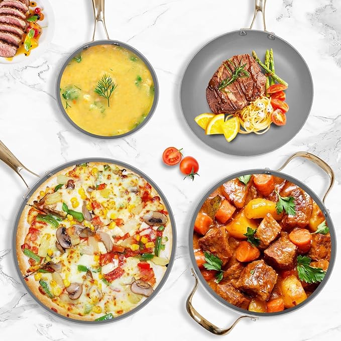 AUDANNE Nonstick Pots and Pans Set 9 Pieces, Non Stick Kitchen Cookware, Cooking Skillets Include Frying Pan with Lid, Saucepan, Casserole, Spoon, Turner Spatula, PFOA Free for Induction, White & Gold