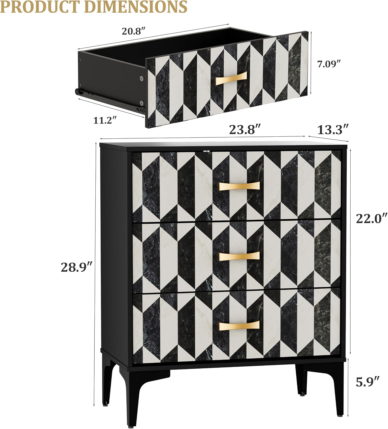 Anbuy Black Marble Nightstand, Modern Night Stand with 3 Drawers for Bedroom, Large Side End Table Bedside Night Tables with Gold Handles & Matel Legs