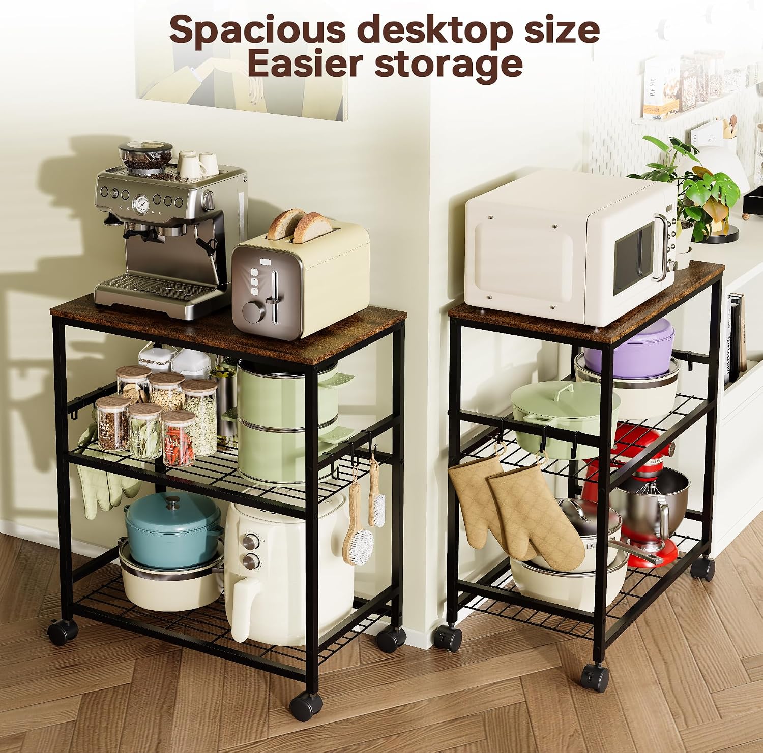 itchen Rolling Cart, 3-Tier Microwave Stand with Lockable Wheels, One-Piece Shelf, Kitchen Utility Storage Cart for Coffee Bar,Apartment, Dorm, Laundry Room, Office, 23.6" x 15.7" x 27.6", Brown