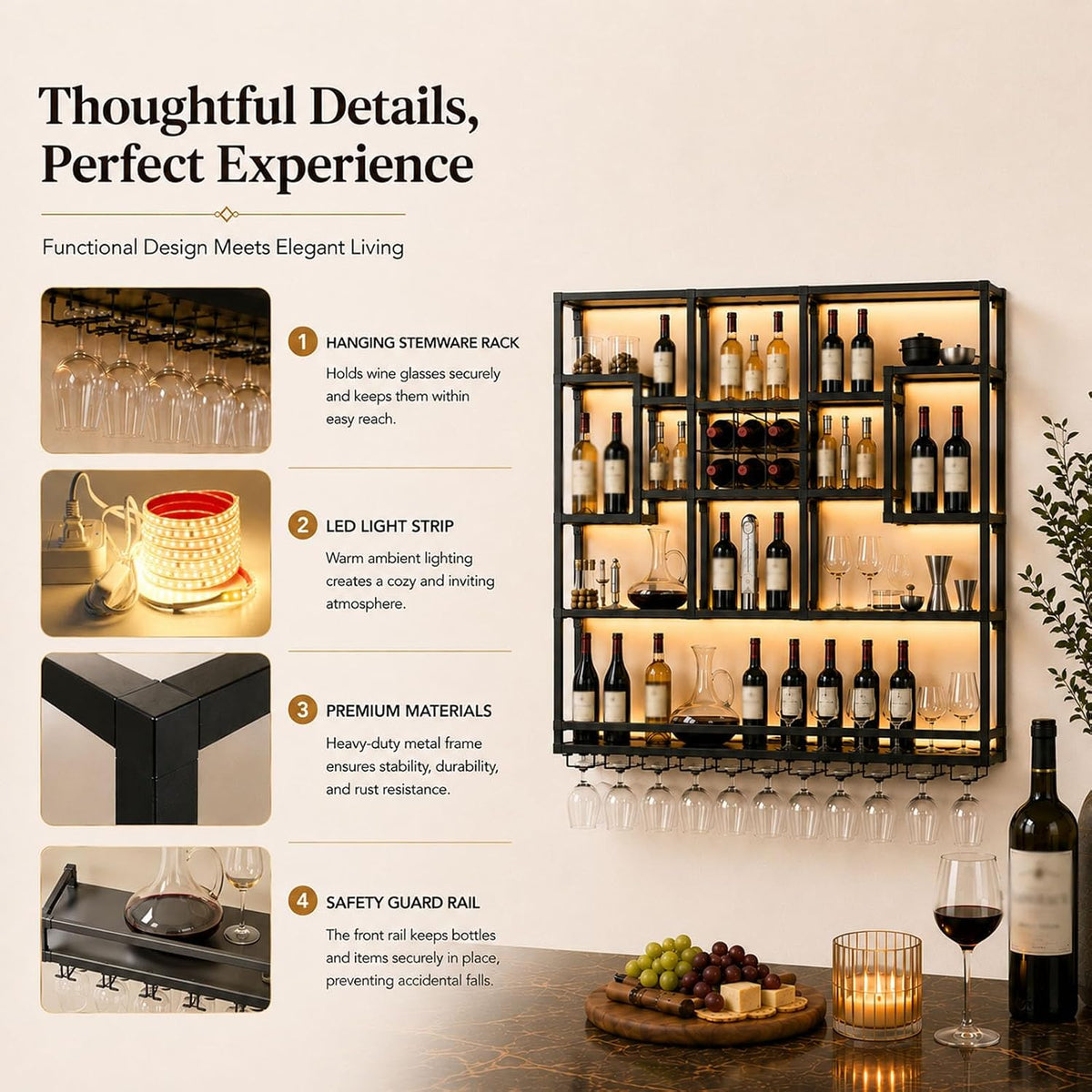 71in LED Wall Mounted Wine Rack with Stemware Holder and Wood Shelves | Combines warm LED lighting, 176 lb capacity and spacious bottle storage to create a practical, organized home bar display