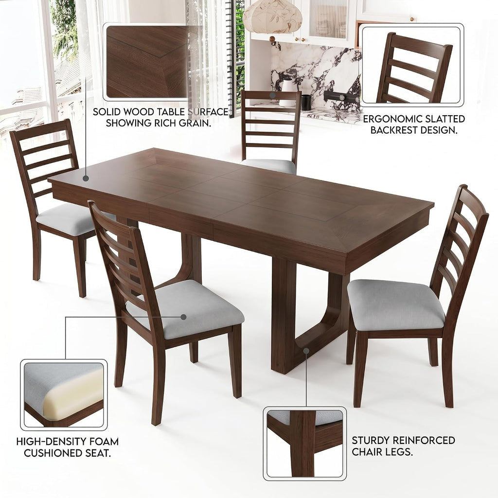 Farmhouse Extendable Dining Table Set with 8x10 Beige Washable Non-Slip Area Rug for Living Room, Bedroom, and Hallway