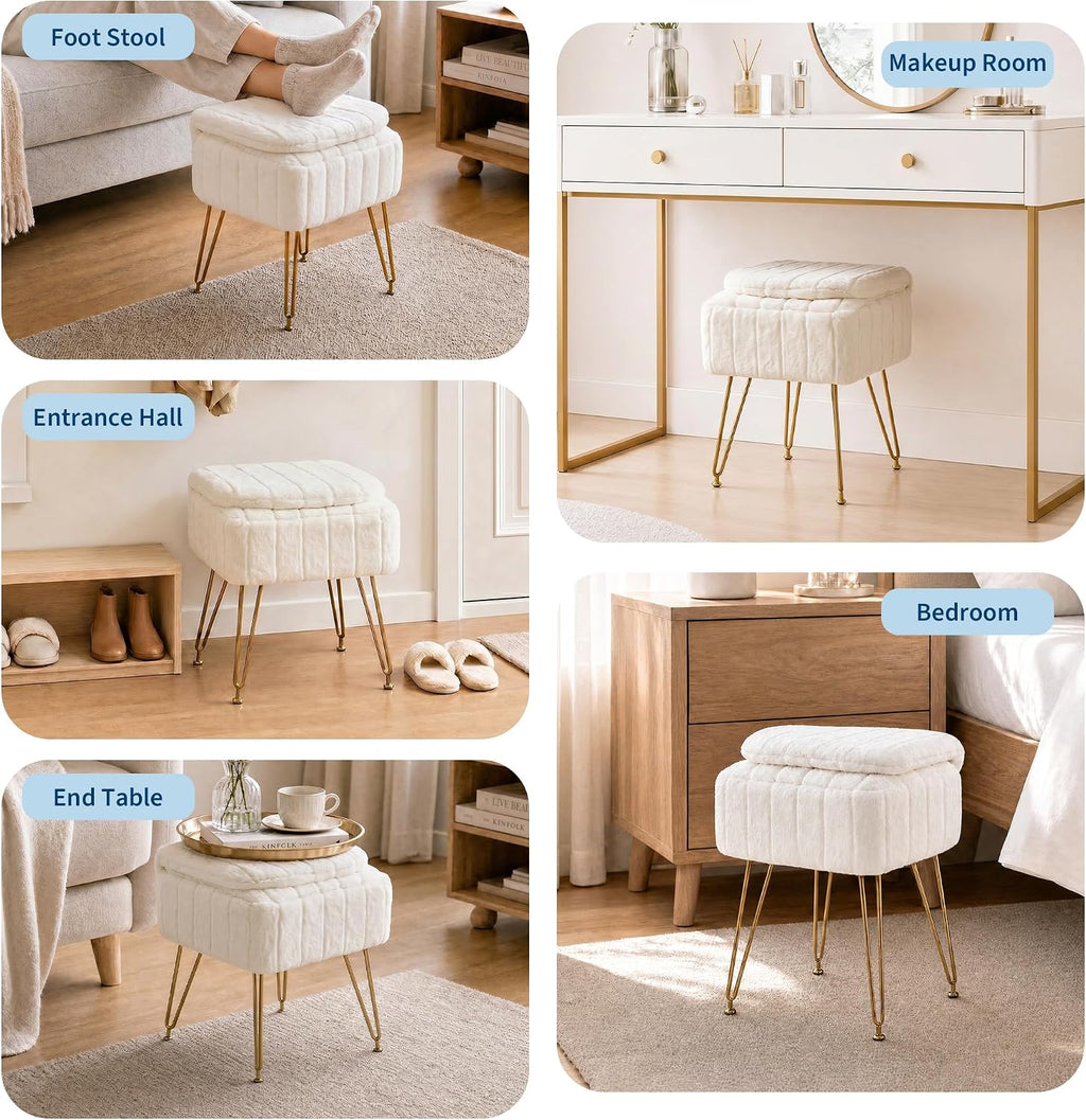 Garvee Vanity Stool Chair with Backrest & Storage,Faux Fur,White,Small | Hidden Storage Compartment, 280 Lbs Capacity, Soft Square Ottoman, Modern Style for Bedroom or Living Room