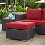 Modway Convene Wicker Rattan Outdoor Patio Square Ottoman with Cushions in Espresso Red