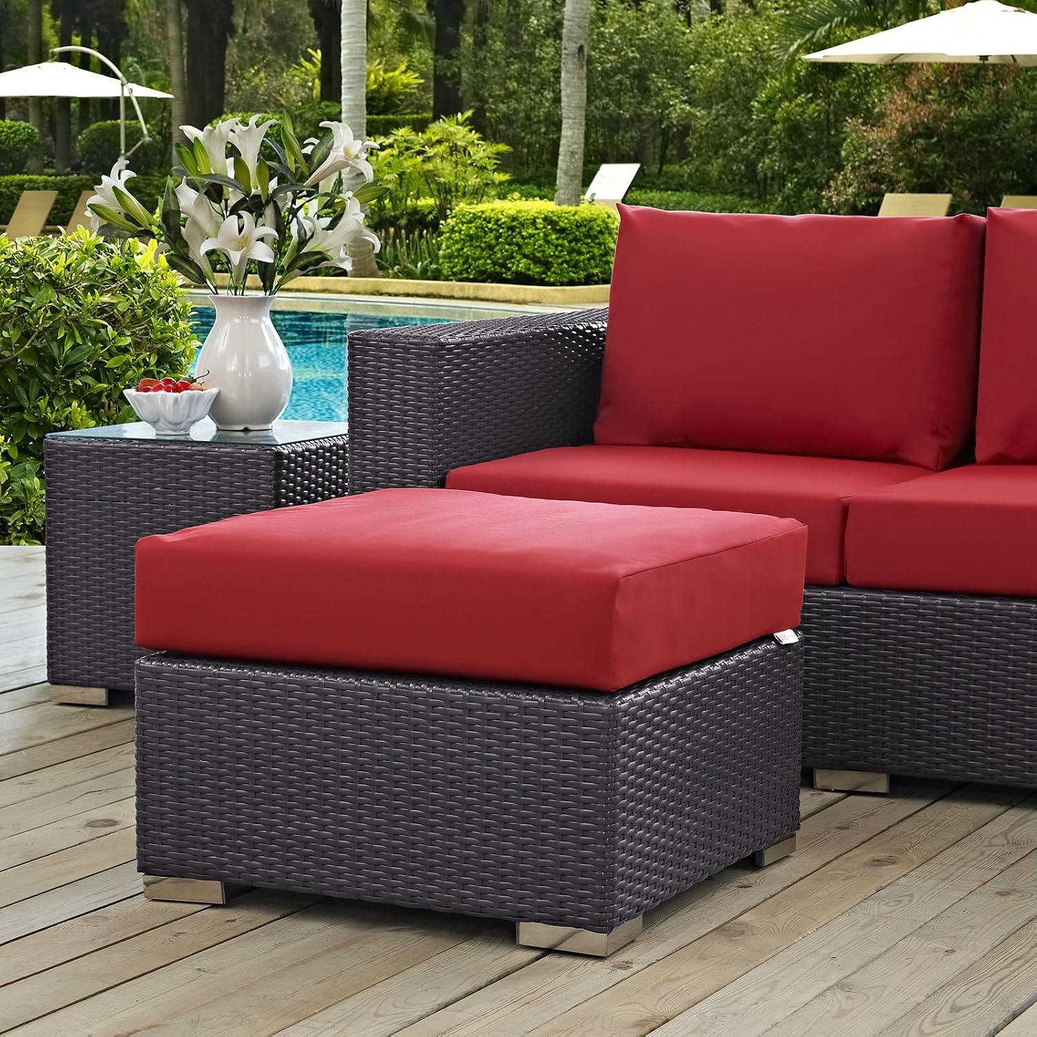 Modway Convene Wicker Rattan Outdoor Patio Square Ottoman with Cushions in Espresso Red