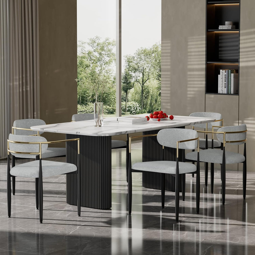 Baysitone Dining Chairs Set of 6 Mid-Century Modern Upholstered Boucle Dining Room Chairs Open Back Curved Backrest Black Metal Legs Gold Armchairs for Kitchen Living Room, Gray(Only Chairs)