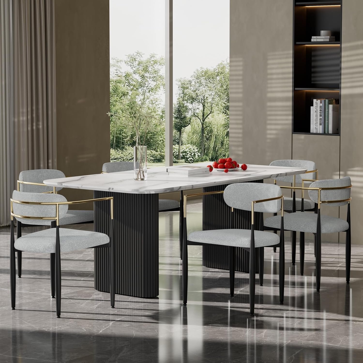 Baysitone Dining Chairs Set of 6 Mid-Century Modern Upholstered Boucle Dining Room Chairs Open Back Curved Backrest Black Metal Legs Gold Armchairs for Kitchen Living Room, Gray(Only Chairs)