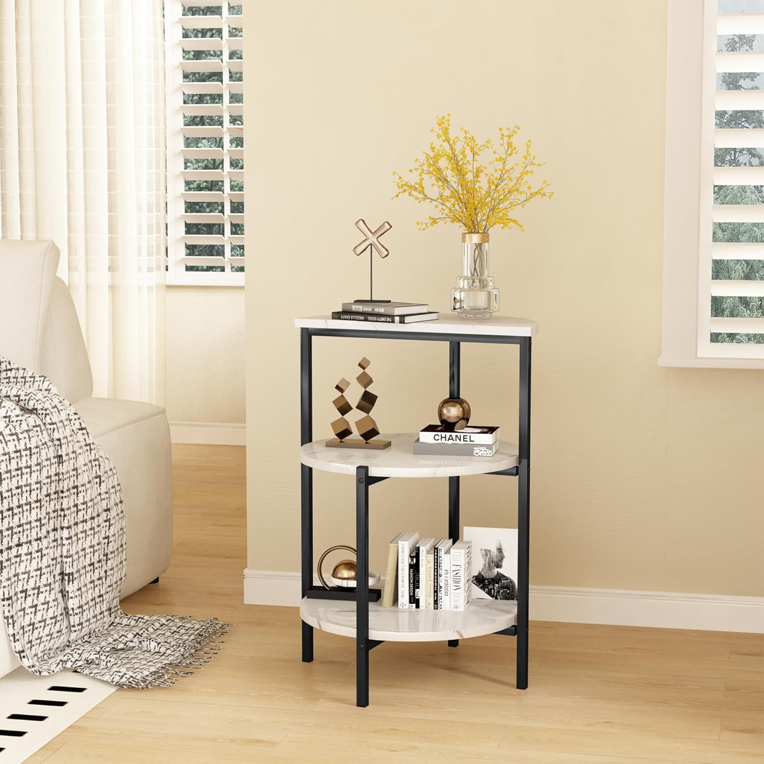 furlinkhm Marble Side End Table Set, 3-Tier Sofa Side Table, Small Round Coffee Bedside Corner Table with Metal Frame for Living Room Bedroom (1, White&Black)