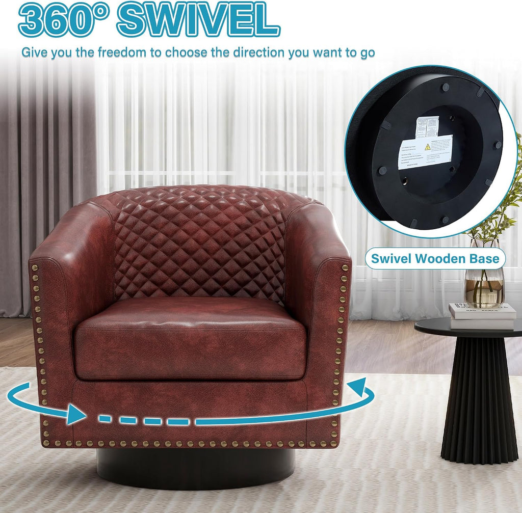 Swivel Barrel Accent Chairs Set of 2, Faux Leather Upholstered Armchair for Living Room, Comfy Bedroom Side Reading Seat, Red Brown