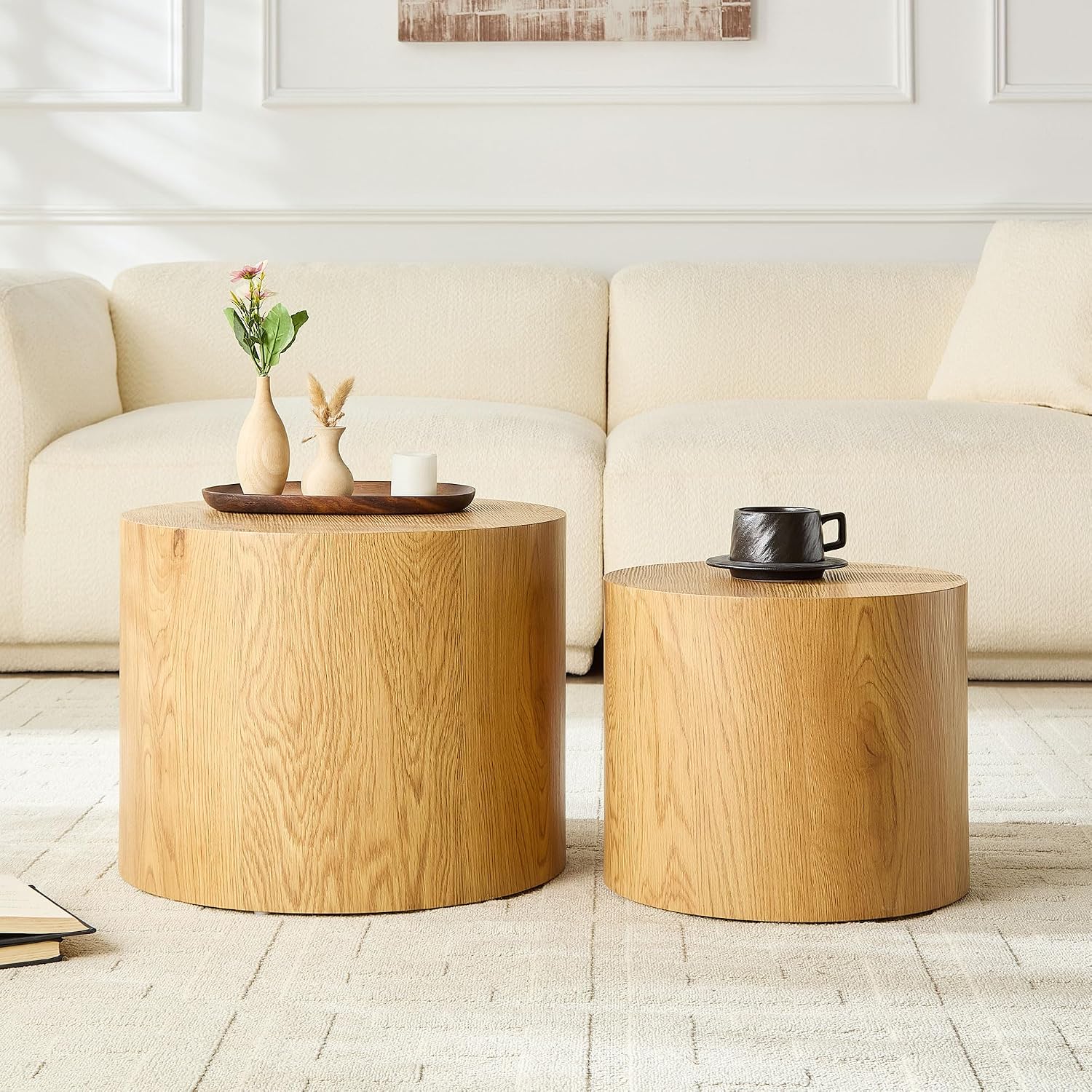 Nesting Coffee Table Set of 2, Modern Round Coffee Table, Accent Side Tables for Small Spaces Living Room Office,Wood