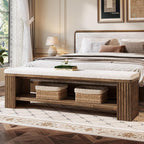 63" Solid Wood Entryway Bench, Farmhouse Upholstered End of Bed Bench with Removable Faux Lambswool Cushion and Fluted Legs, Indoor Long Ottoman for Bedroom, Entryway, Dark Brown