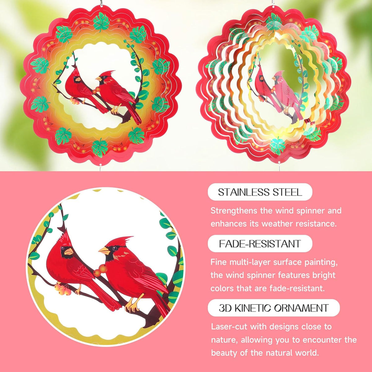 Cardinal Wind Spinners Gift for Women Men, 12 Inch Outdoor Metal 3D Wind Spinner Garden Yard Decor, Hanging Wind Catchers Stainless Steel Kinetic Sculpture for Outside Decoration