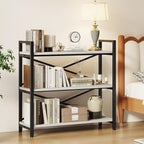 Homeiju 3 Tier Bookshelf 31.49" Width, Wood and Metal Etagere Bookcase, Vintage Farmhouse Modern Wooden Big Book Shelf for Home Living Room Bedroom Office Storage(White)