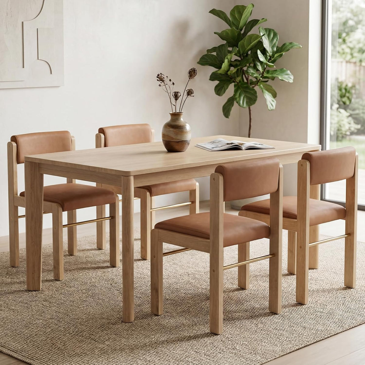CIMOTA Faux Leather Dining Chairs Set of 4, Mid Century Modern Upholstered Dining Room Chairs with Wood Frame/Adjustable Back for Kitchen, PU Brown