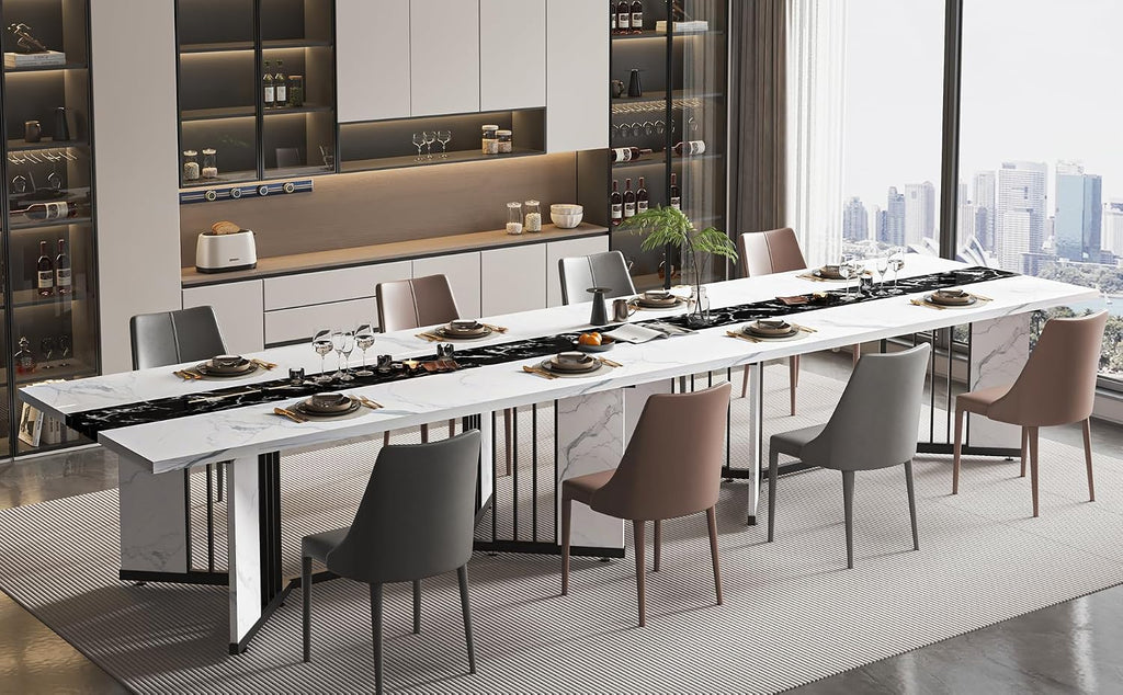 JassmiPkwy 71 Inch Dining Table for 6 8 10 People, Rectangular Faux Marble Kitchen Dining Table Wooden, Modern Large Tabletop and Metal Adjustable Feet, White