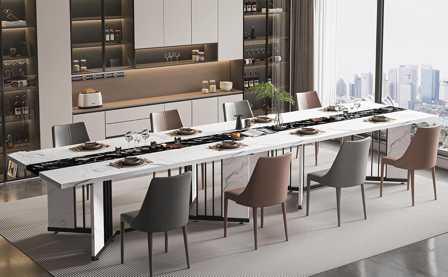 JassmiPkwy 71 Inch Dining Table for 6 8 10 People, Rectangular Faux Marble Kitchen Dining Table Wooden, Modern Large Tabletop and Metal Adjustable Feet, White