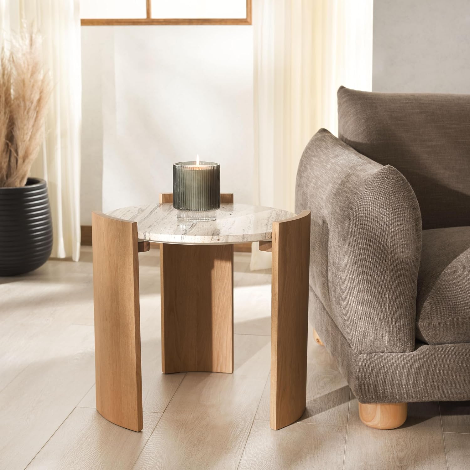 SAFAVIEH Couture Collection - Damarcus Travertine & Solid Wood Accent Table, Round Top, Classic Sculptural Design (SFV9705A)