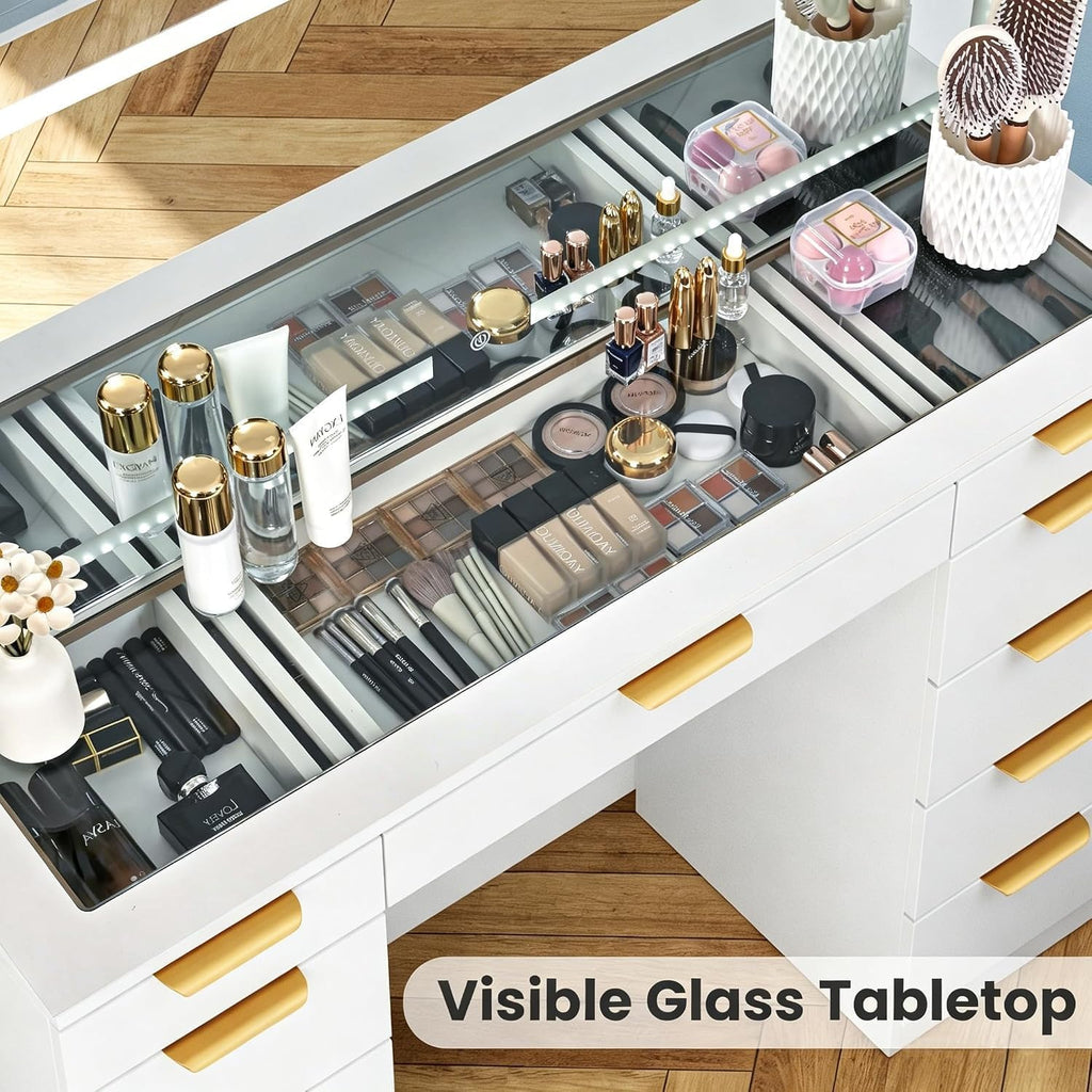 Pamapic Glass Top Vanity Desk with Mirror and Lights, 11 Drawers Makeup Vanity with Charging Station, Golden Handles Dressing Table, 3 Lighting Modes Makeup Table, White