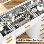 Pamapic Glass Top Vanity Desk with Mirror and Lights, 11 Drawers Makeup Vanity with Charging Station, Golden Handles Dressing Table, 3 Lighting Modes Makeup Table, White