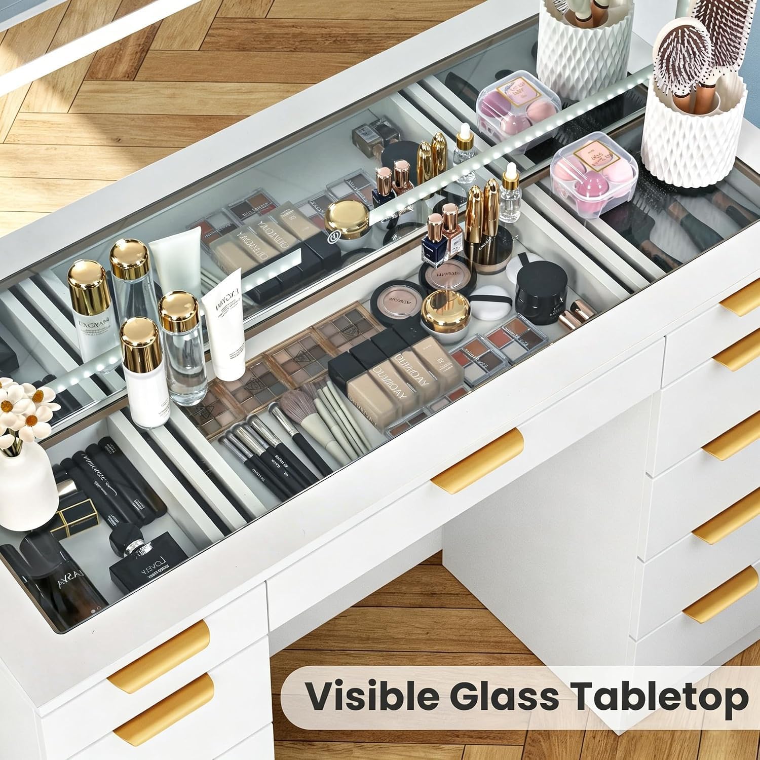 Pamapic Glass Top Vanity Desk with Mirror and Lights, 11 Drawers Makeup Vanity with Charging Station, Golden Handles Dressing Table, 3 Lighting Modes Makeup Table, White