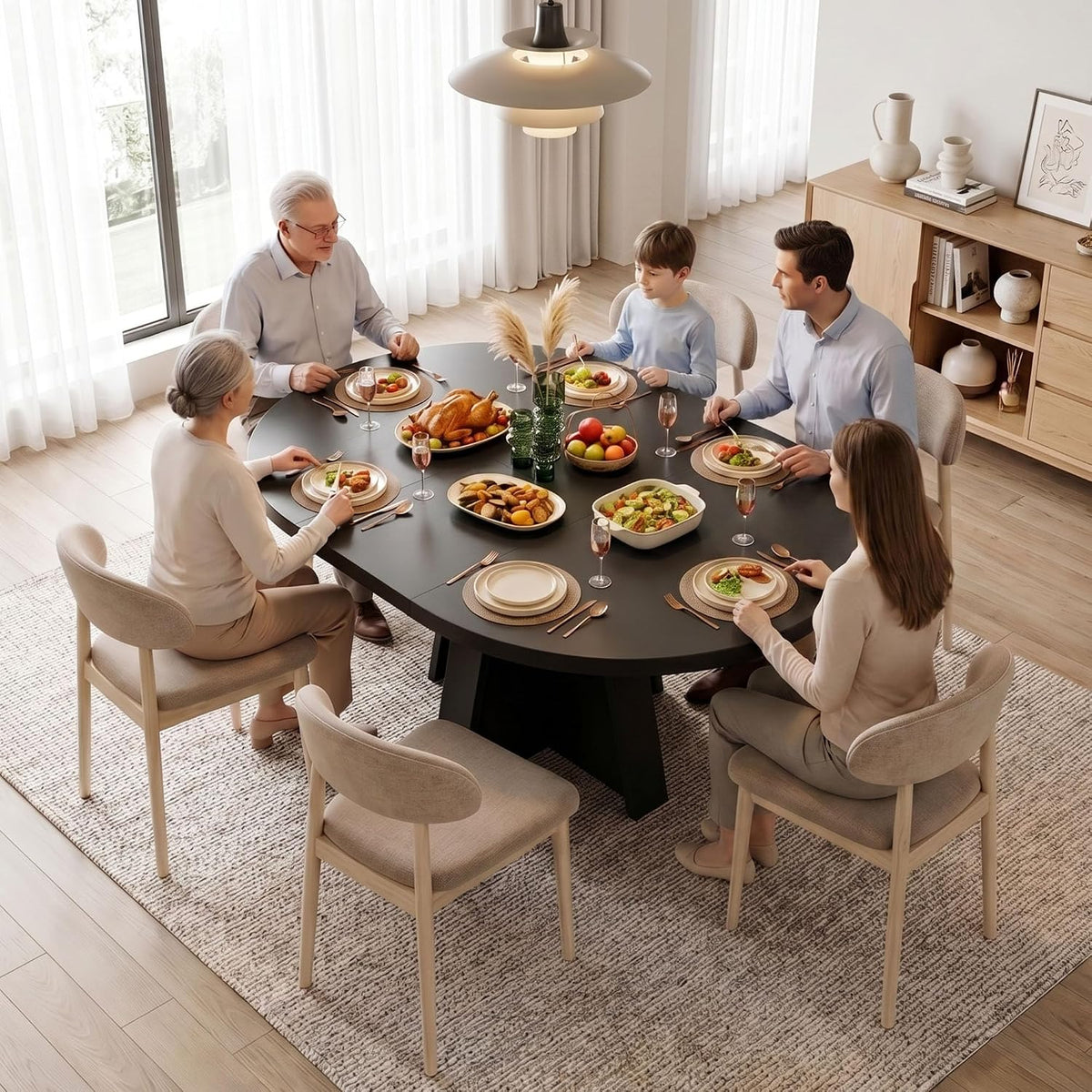 iPormis 43.3in-59in Extendable Round Dining Table for 4-6, Modern Wooden Kitchen Table for Dining Room, Adjustable Size Oval Circle Dinner Tables Furniture for Kitchen Living Room, Black