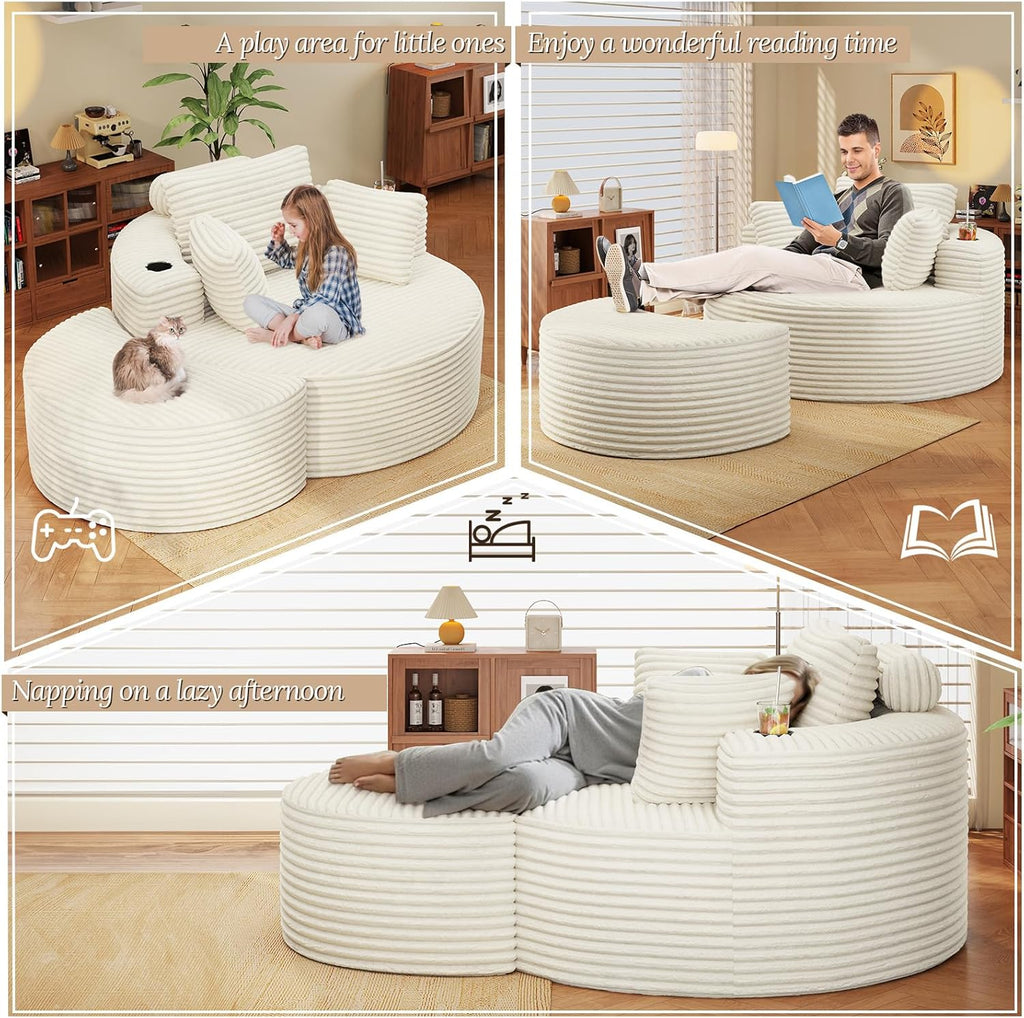 Round Chaise Lounge with Ottoman, Cloud Corduroy Curved Reading Lounge Sofa Chair with Cup Holders, Circle Memory Foam Chaise Chair and Ottoman Set for Study, Living Room, Sunroom, Beige