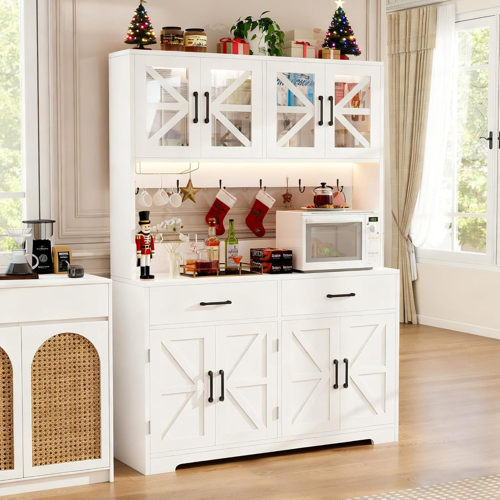 Vipbear 71" Tall Pantry Cabinet, Kitchen Hutch with Power Outlet, Farmhouse Buffet Sideboard with Door Racks, RGB LED Light Coffee Bar Cabinet for Kitchen Storage