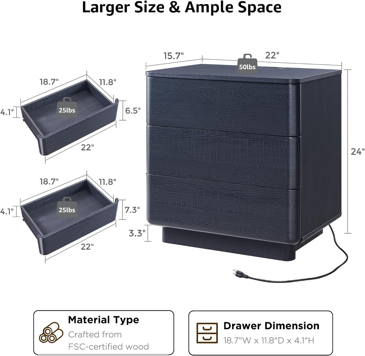 JXQTLINGMU 22" Modern Nightstands Set of 2 with Charging Station, Large Push-to-Open End Table, Wood Bedside Table, Curved Profile, Handleless 3 Drawer Night Stand for Bedroom, Living Room, Black