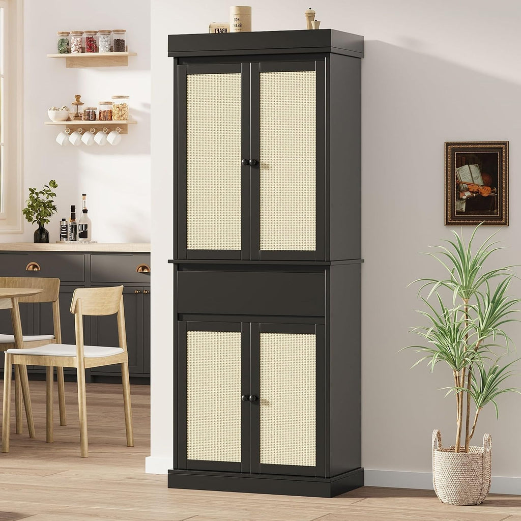 Tall Kitchen Pantry Cabinet with Rattan Doors, Adjustable Shelves & Drawer, Freestanding Storage Cupboard for Bathroom, Dining Room & Living Room（New Black）