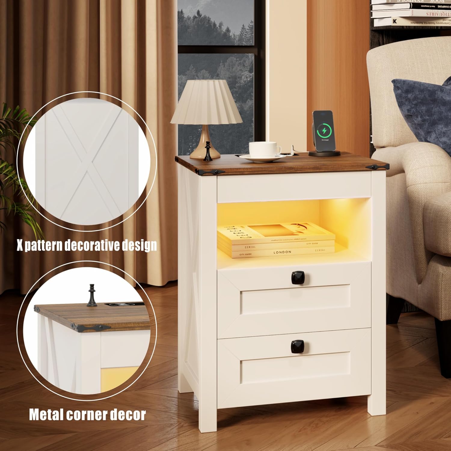 HWB LED Nightstand Set of 2 with Gun Drawer: Bedside Table with Charging Station for Bedroom Furniture – Farmhouse Night Stand with 3 Colors Smart Human Sensor Lights for Living Room End Table, White