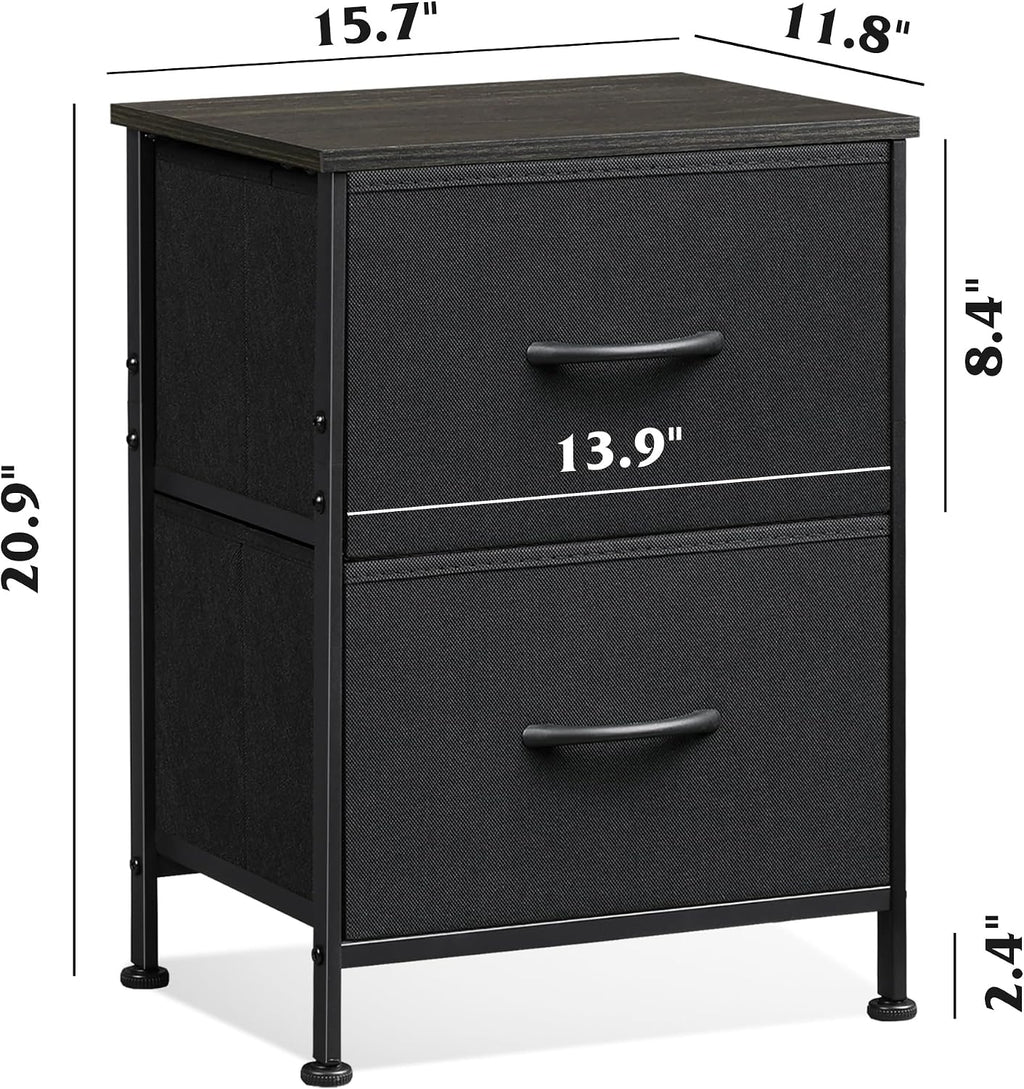WLIVE Black Night Stand, Small Dresser with 2 Drawers & Wooden Top, Nightstand with Fabric Bins, Bedside Table End Table for Bedroom, Closet, Entryway, College Dorm, Charcoal Black | Nightstand with Fabric Bins, Bedside Table End Table for Bedroom