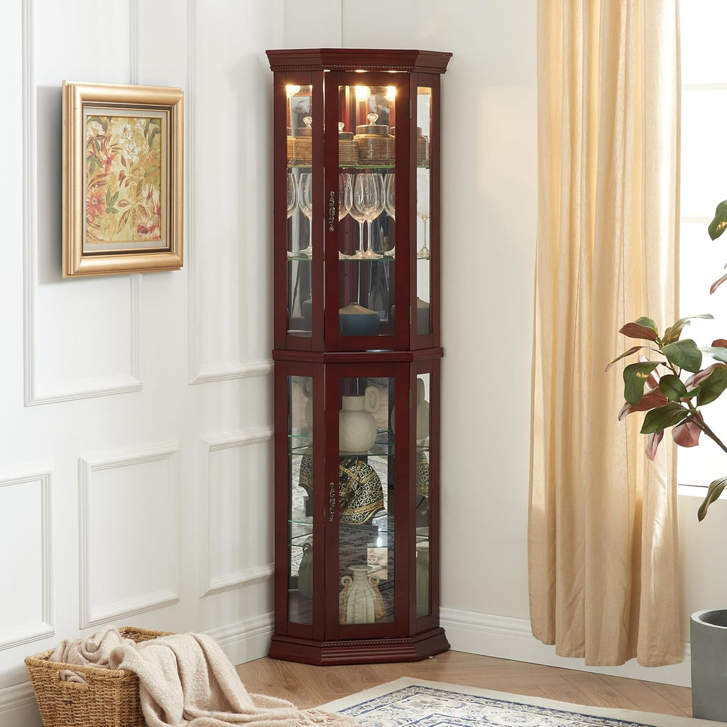 Lighted Corner Curio Cabinet, 69.75" Tall Corner Display Cabinet with Adjustable Tempered Glass Shelves, Mirrored Back, Lockable Door, Cherry Finish for Collectibles & China