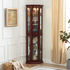 Lighted Corner Curio Cabinet, 69.75" Tall Corner Display Cabinet with Adjustable Tempered Glass Shelves, Mirrored Back, Lockable Door, Cherry Finish for Collectibles & China