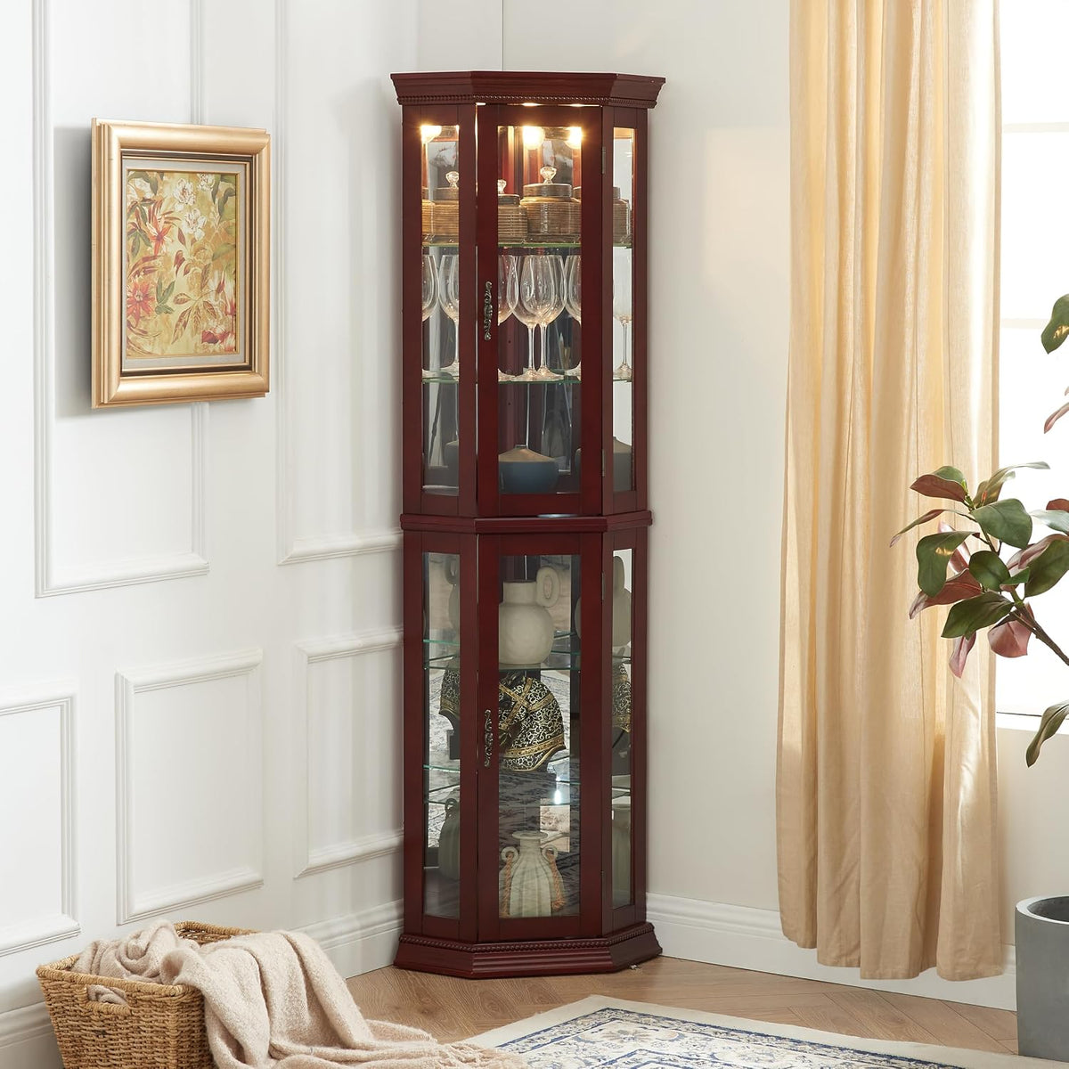 Lighted Corner Curio Cabinet, 69.75" Tall Corner Display Cabinet with Adjustable Tempered Glass Shelves, Mirrored Back, Lockable Door, Cherry Finish for Collectibles & China
