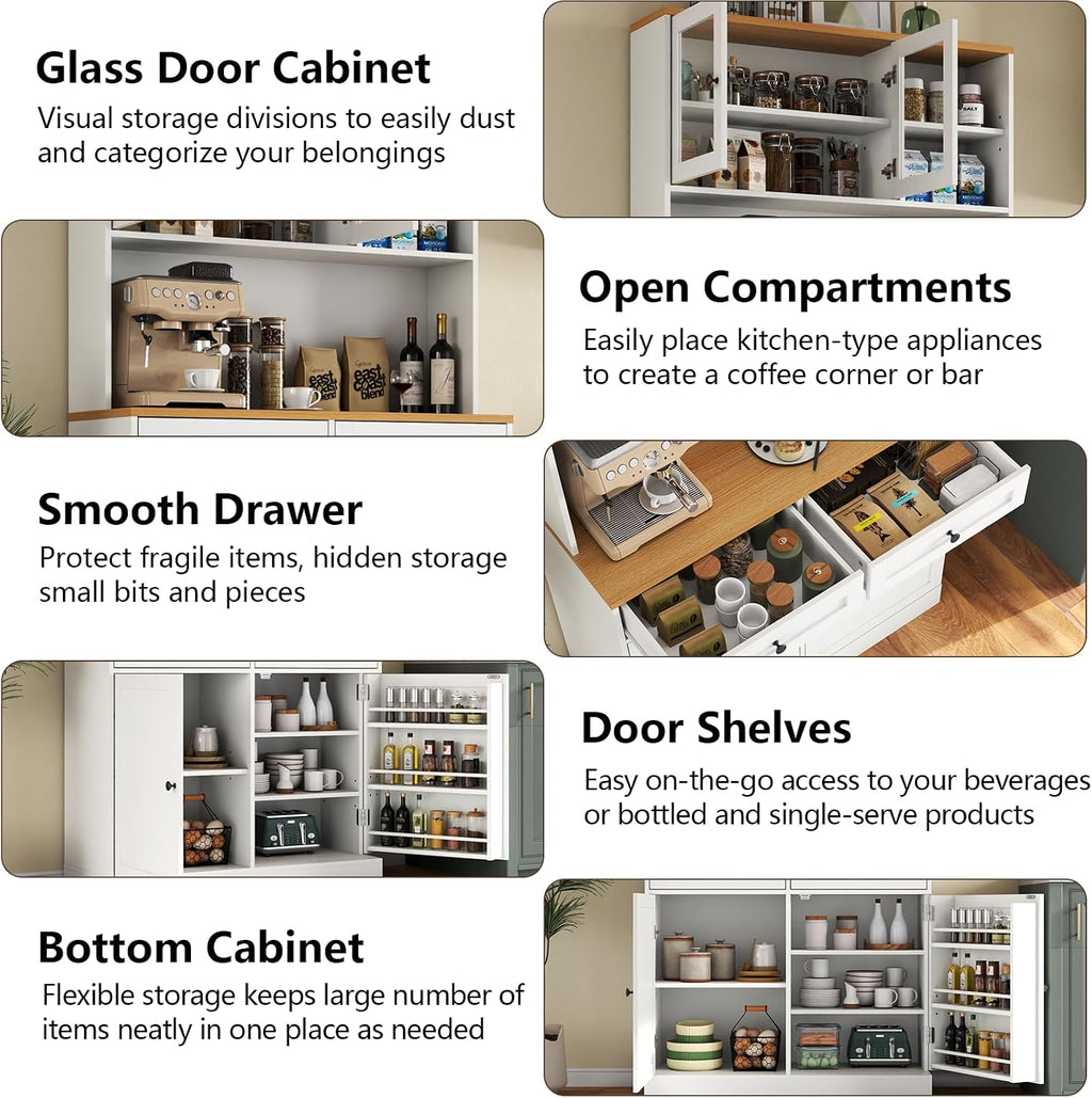 Tall Kitchen Pantry Cabinet, Modern Kitchen Hutch with Microwave Stand | Pantry Storage Cabinet with 2 Darwers & Door Shelf, Food Pantry with Glass Doors & Adjustable Shelves for Dining Room, White